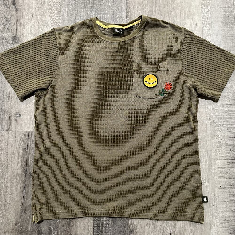 Howler Bros Smiley Patch Pocket Tee Olive Green Stripe 100% Cotton Knit Medium